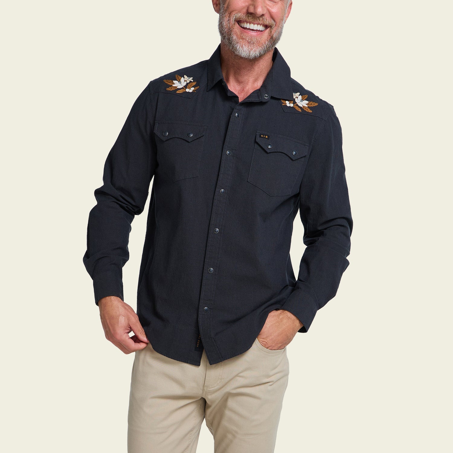 Howler Brothers Crosscut Deluxe Snapshirt - Orange Blossoms : Antique Black