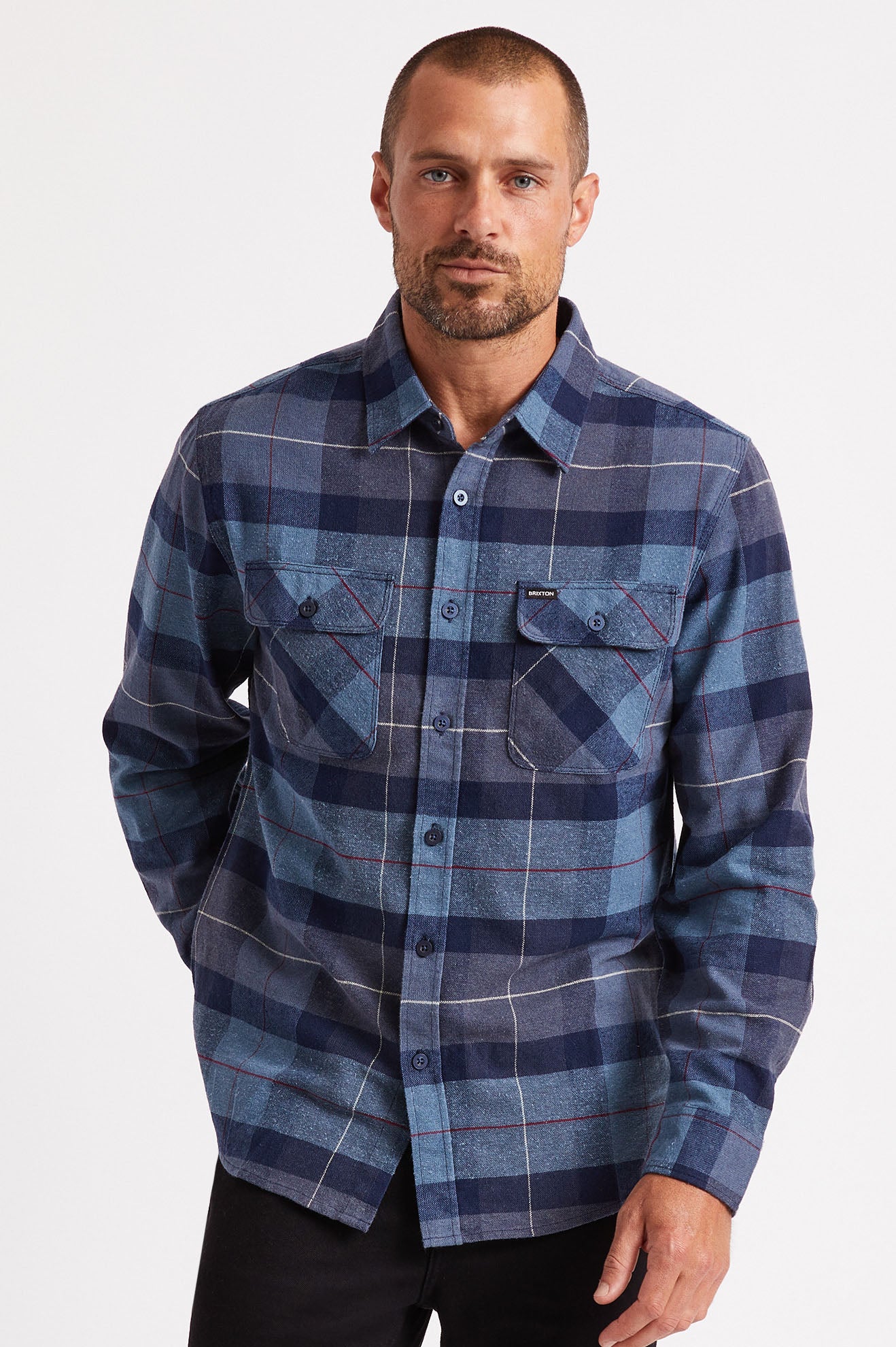 Brixton Bowery Teal & White Plaid Flannel Shirt